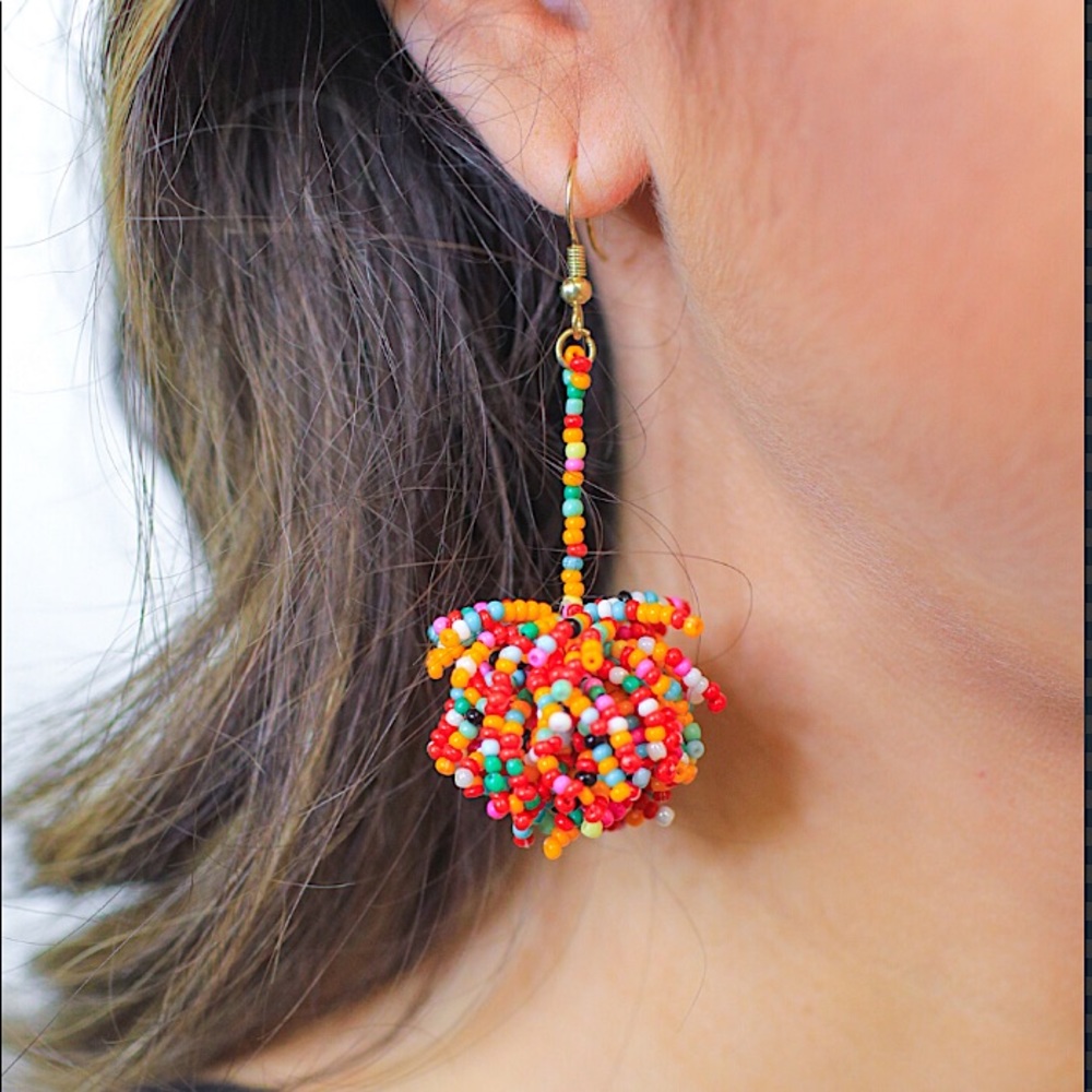 Multi Colored Beaded Pom Earrings
